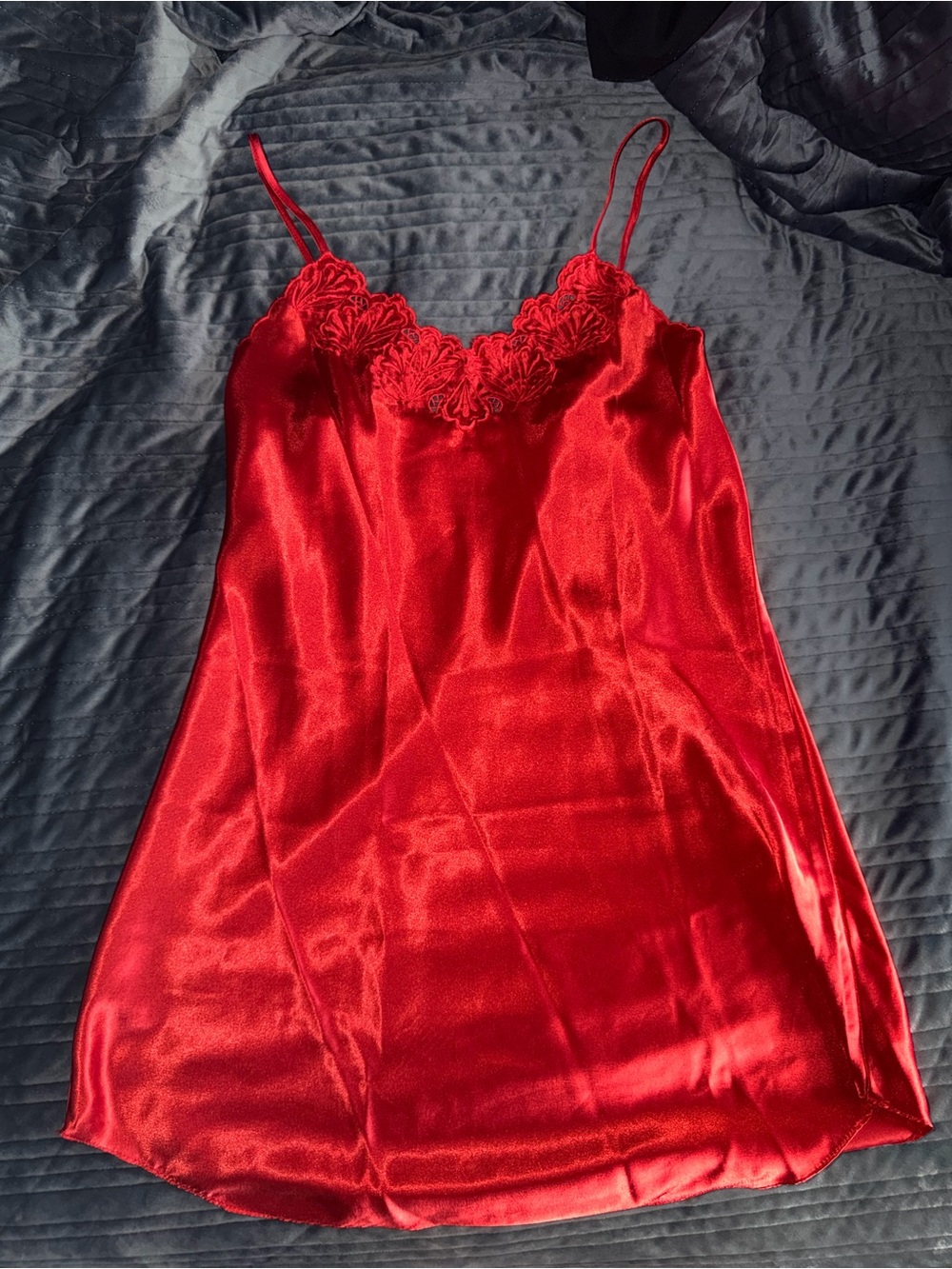 Red Satin Lace-Trim Slip Dress - Women's Intimates
